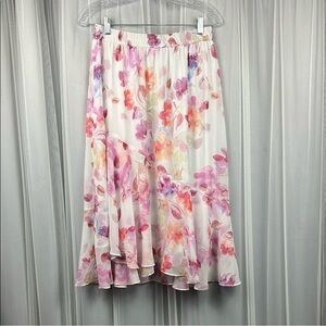 CJ Banks Midi A-Line Skirt with Ruffled Pleats Flowers Pink and Orange Women’s X
